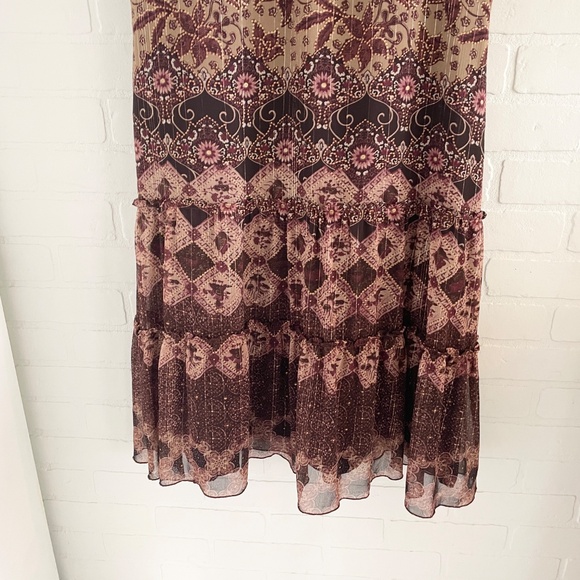Vintage Y2K 90s midi dress Tiered Boho Burgundy Metallic Mixed print Sz 15 - Picture 4 of 15